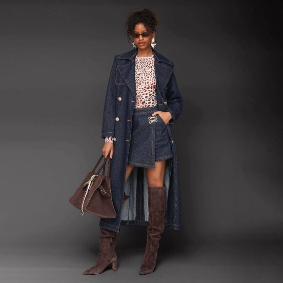 New Avec Les Filles Dark Denim Belted Utility Trench Coat XS $218 - Picture 1 of 8